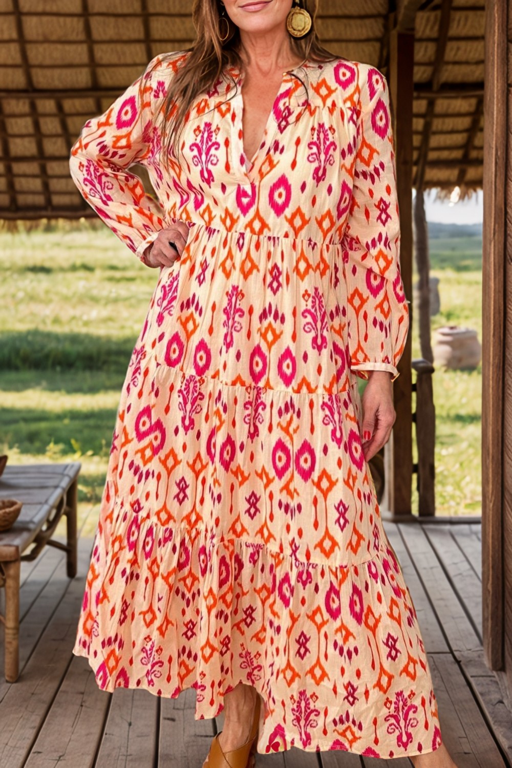Tiered Printed Notched Long Sleeve Midi Dress Sherbet 4a27a4bd-f9ba-415a-a859-9dd77e4cf36e-Max Glownestbest