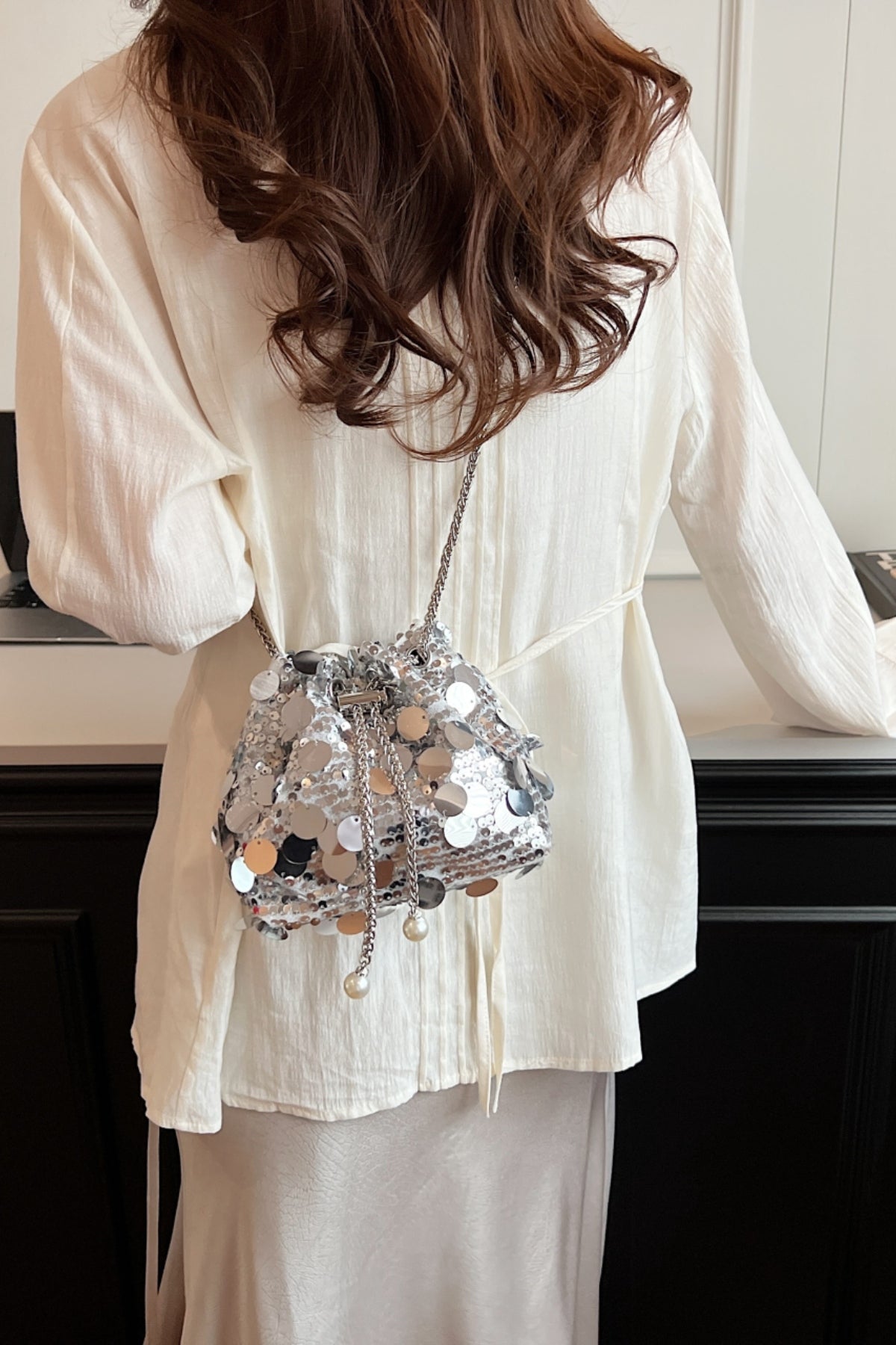 Drawstring Sequin Crossbody Bag Silver One Size 4aa3aa21-b9be-471b-9346-73a8d4844477-Max Trendsi