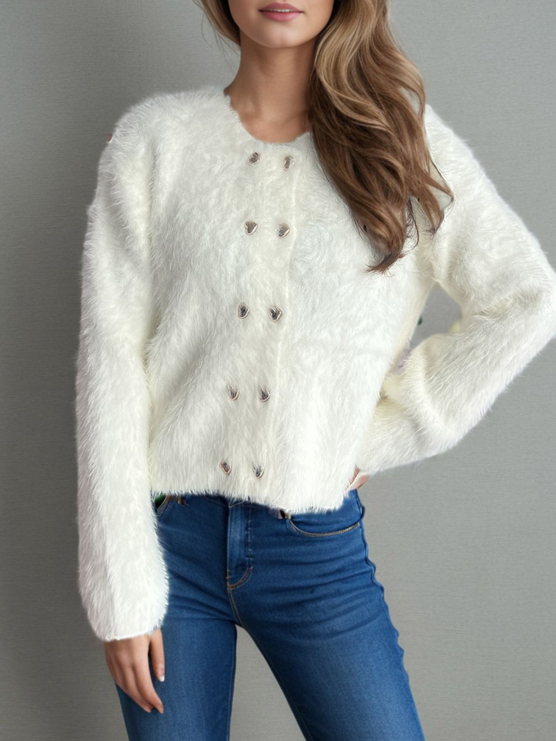 Heart Button Round Neck Cardigan White One Size 4b49db11-cb99-4e9f-b5ec-6ea7d13fdc8b-Max Glownestbest