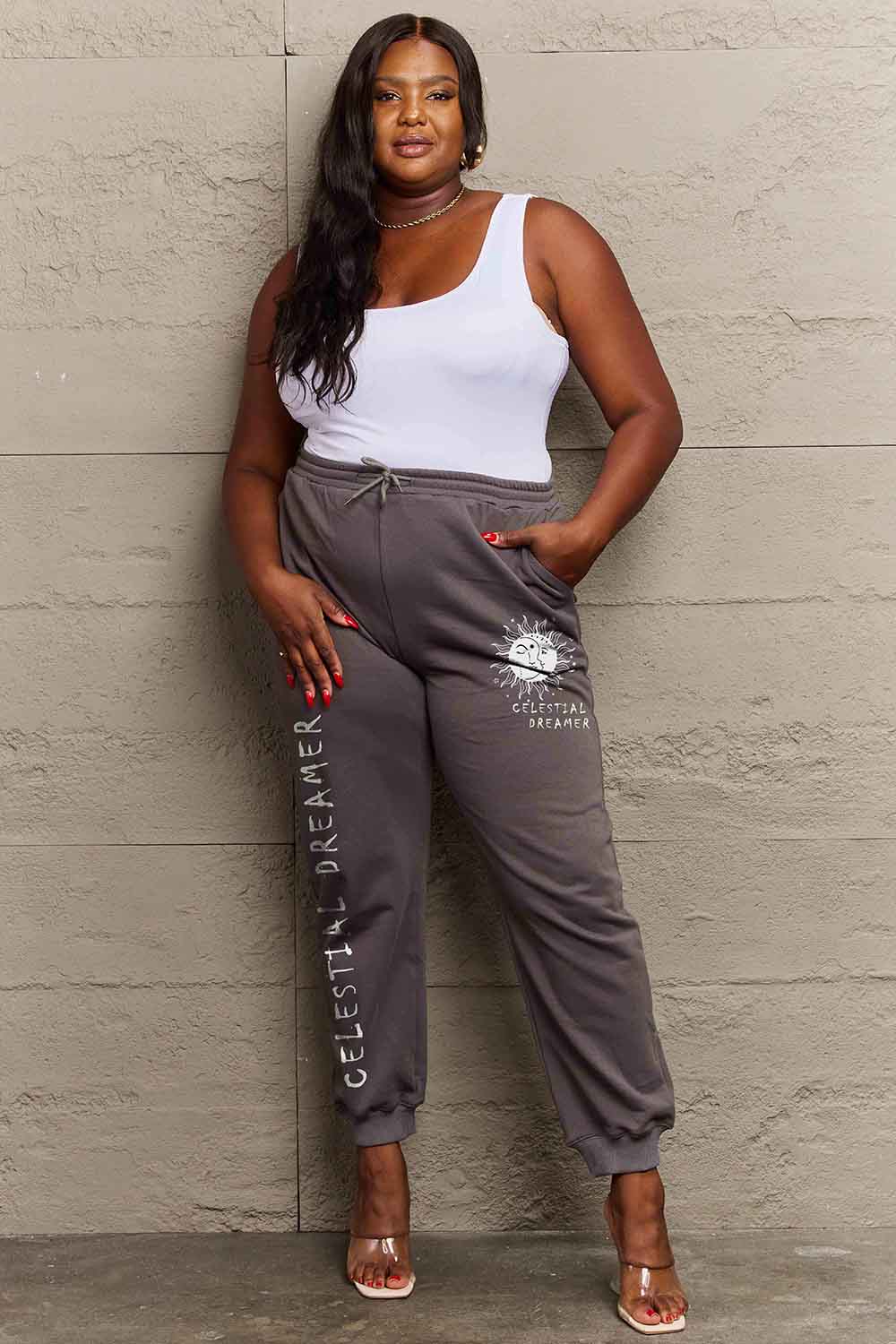 Simply Love Full Size CELESTIAL DREAMER Graphic Sweatpants Dark Gray 4b75d5549c2049f98b88513faef15652-Max Trendsi