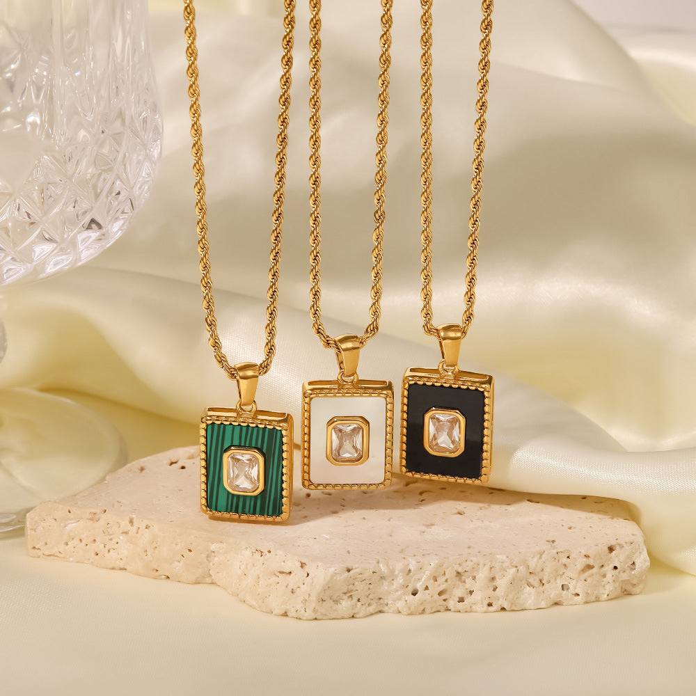 18K Gold Inlaid White Zircon Malachite Twist Chain Square Pendant Necklace 4b9ed515-2c78-470d-a282-c96b90b27d15 Artshiney
