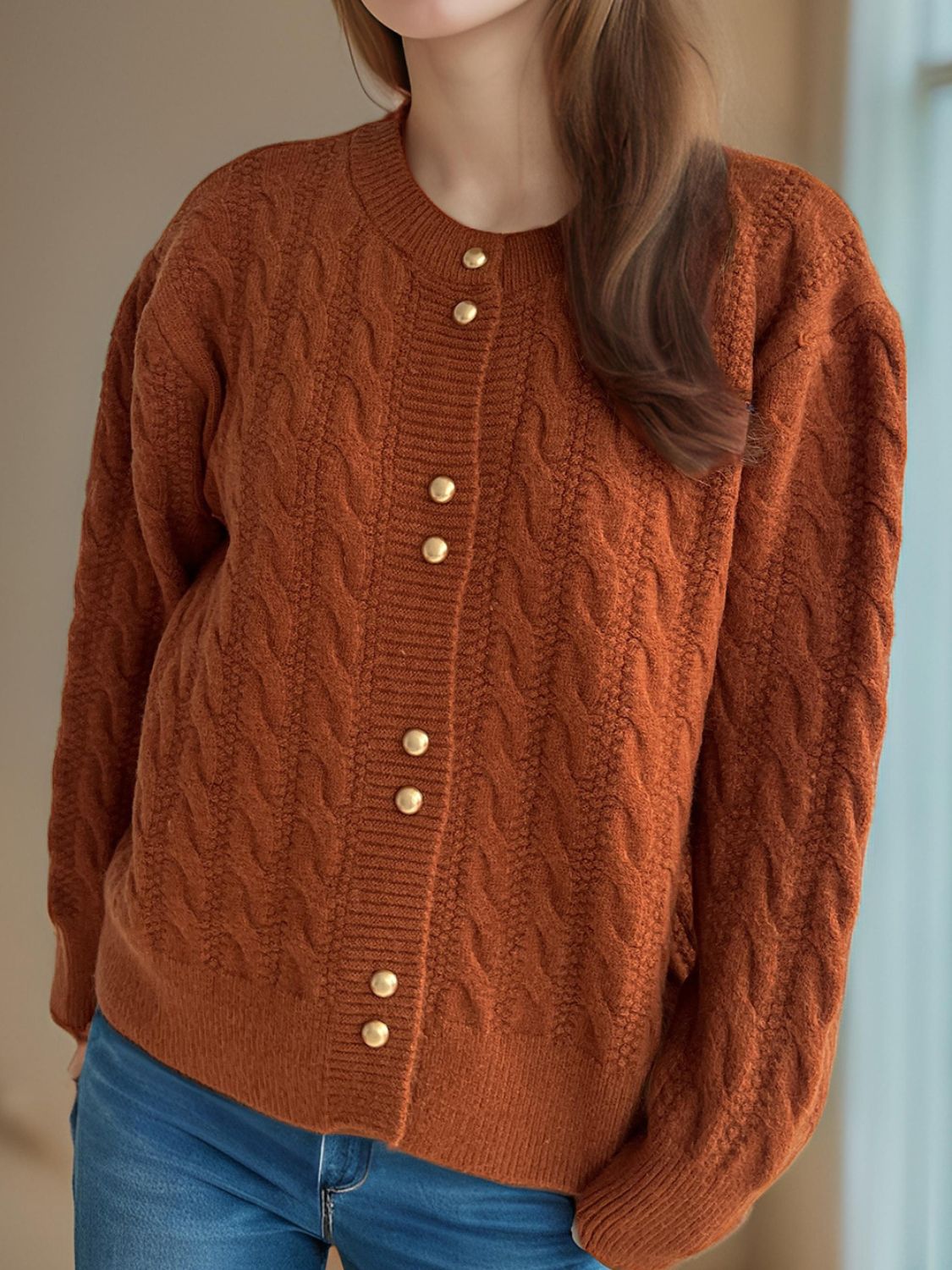 Cable-Knit Round Neck Long Sleeve Cardigan 4c2d1120-ec08-40ec-9330-5c536bc56a84-Max Glownestbest