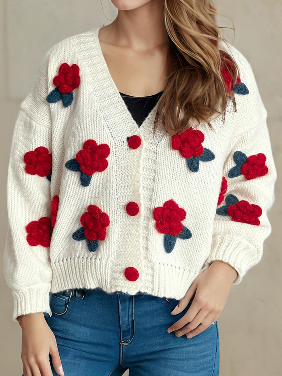 Flower Button Down V-Neck Long Sleeve Cardigan 4c47fdda-50c9-4e5e-83ec-aabf7bde2035-Max Glownestbest