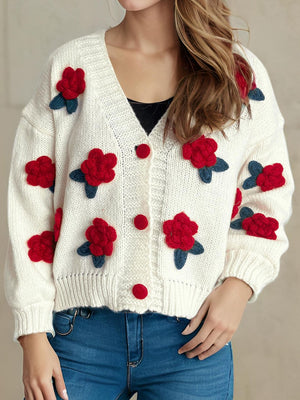 Flower Button Down V-Neck Long Sleeve Cardigan 4c47fdda-50c9-4e5e-83ec-aabf7bde2035-Max Glownestbest