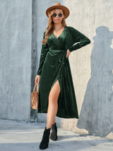 Tie Front Long Sleeve Slit Dress Green 4c9027a780ab44fe89823272c0ad1cca-Max Glownestbest