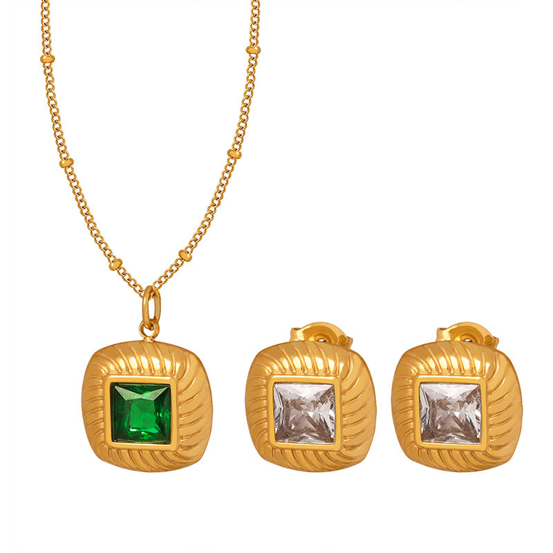 18K Gold Fashionable Retro Square Inlaid Gem Design Court Style Earrings Necklace Set 4c93aef3-8092-48f1-9a3d-2113db97df36 Artshiney