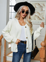 Button Up V-Neck Long Sleeve Cardigan White 4cae557673c549f08c1104ef543d3498-Max Glownestbest