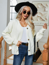 Button Up V-Neck Long Sleeve Cardigan White 4cae557673c549f08c1104ef543d3498-Max Glownestbest
