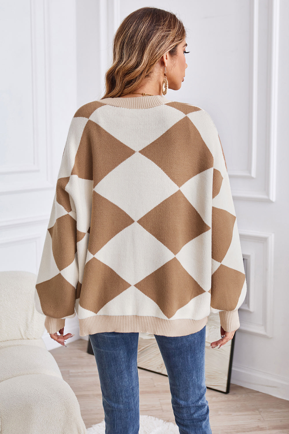 Geometric Lantern Sleeve Cardigan with Pockets 4cc9a72f1eb644d2bcbf9c634d632e25-Max Glownestbest