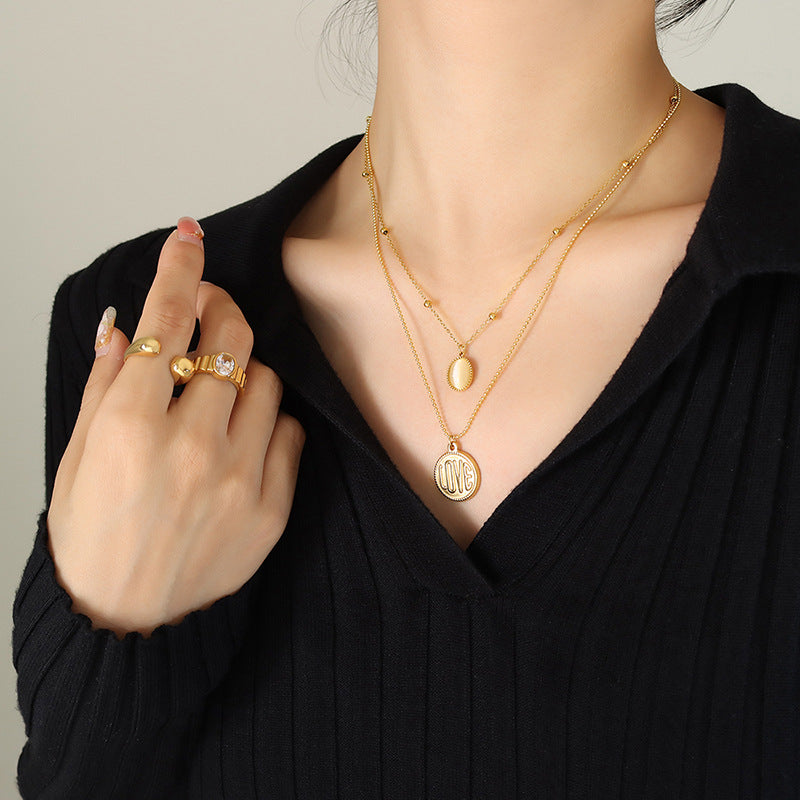 18K Gold Classic Simple LOVE Round Plate with Opal Double Layer Necklace 4d103bb2-ae02-4c64-901f-5bbf6d82da30 Artshiney