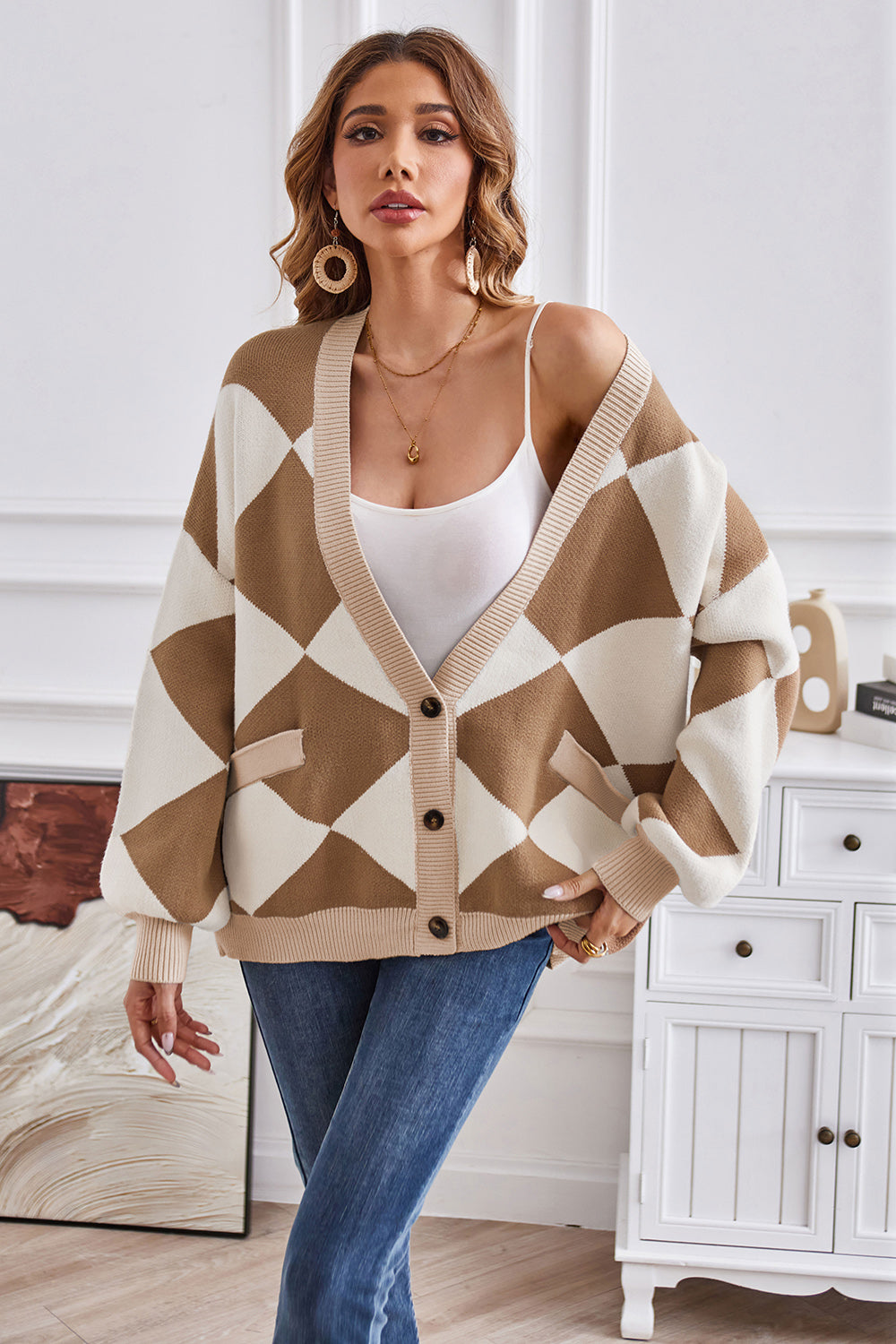 Geometric Lantern Sleeve Cardigan with Pockets Camel 4d170beaa79941248b75c8c9c939bbc7-Max Glownestbest