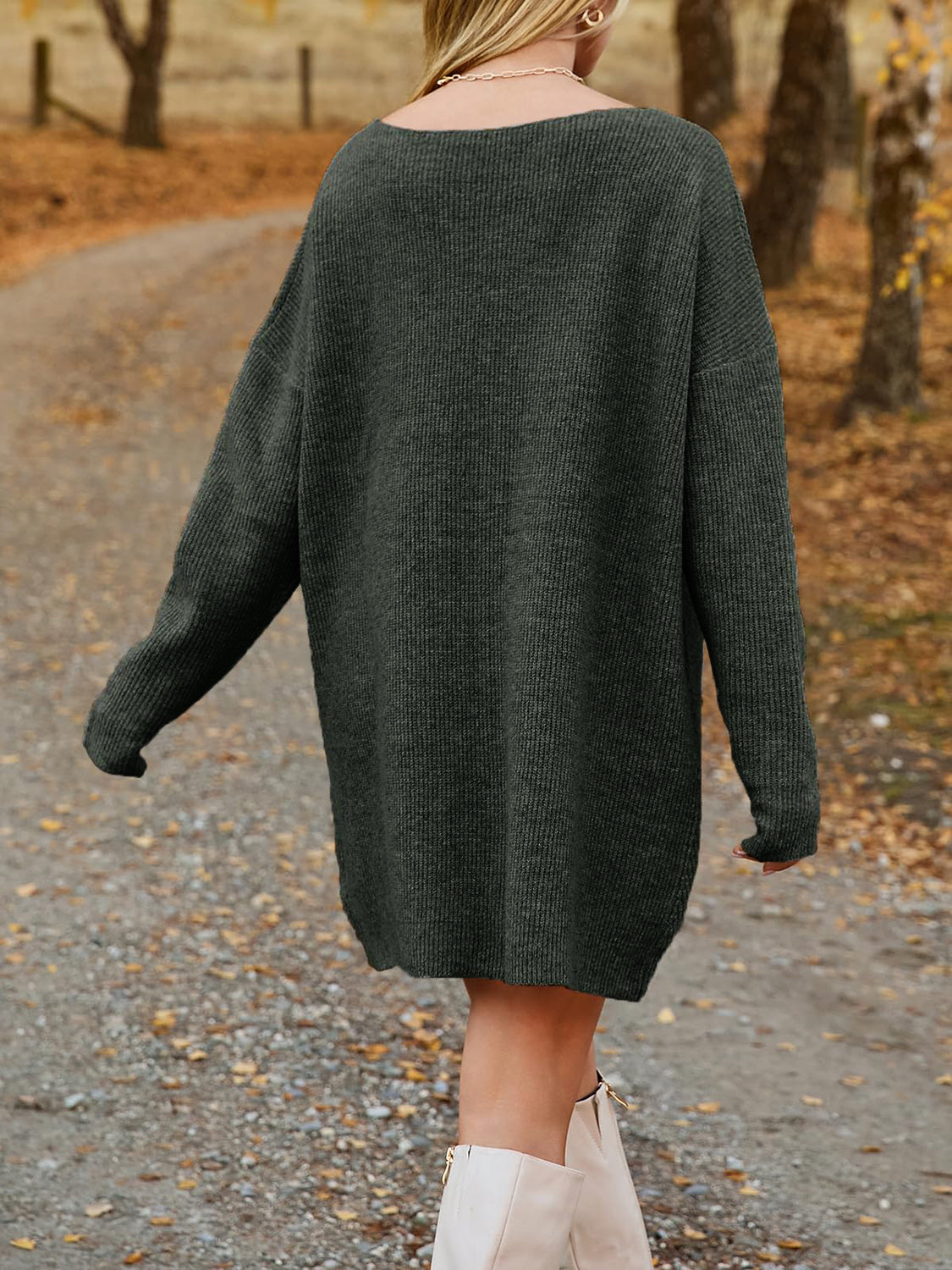 V-Neck Dropped Shoulder Sweater Dress 4d788710-f8ba-4319-84da-15c696928040-Max Glownestbest