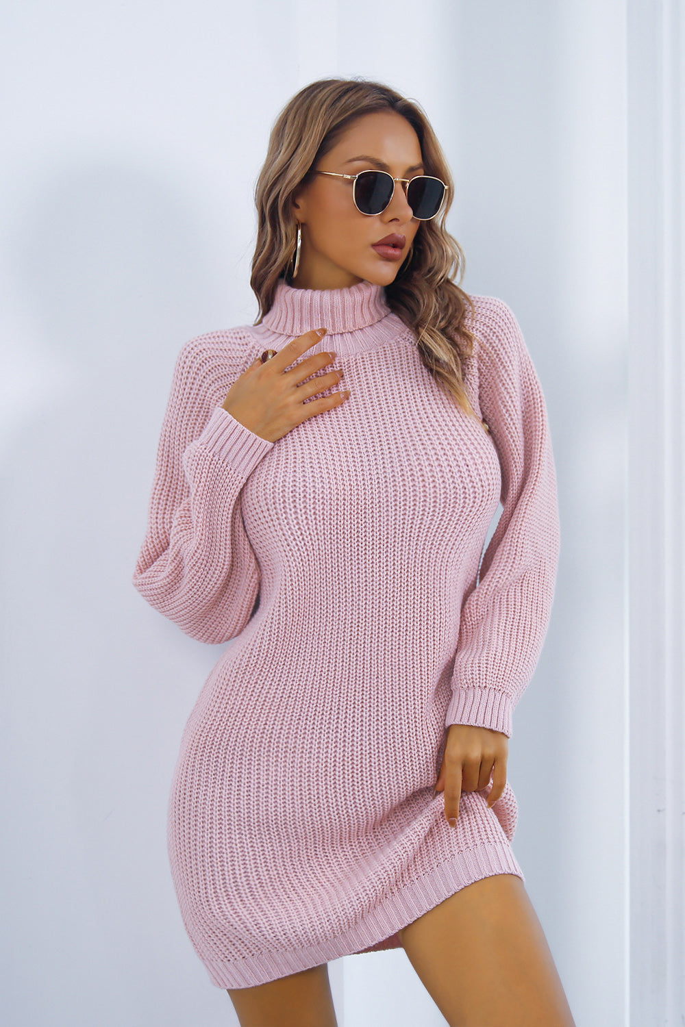 Buttoned Turtleneck Long Sleeve Sweater Dress Carnation Pink 4ddab76f6cc1439ab60fec9725d14e24-Max Glownestbest
