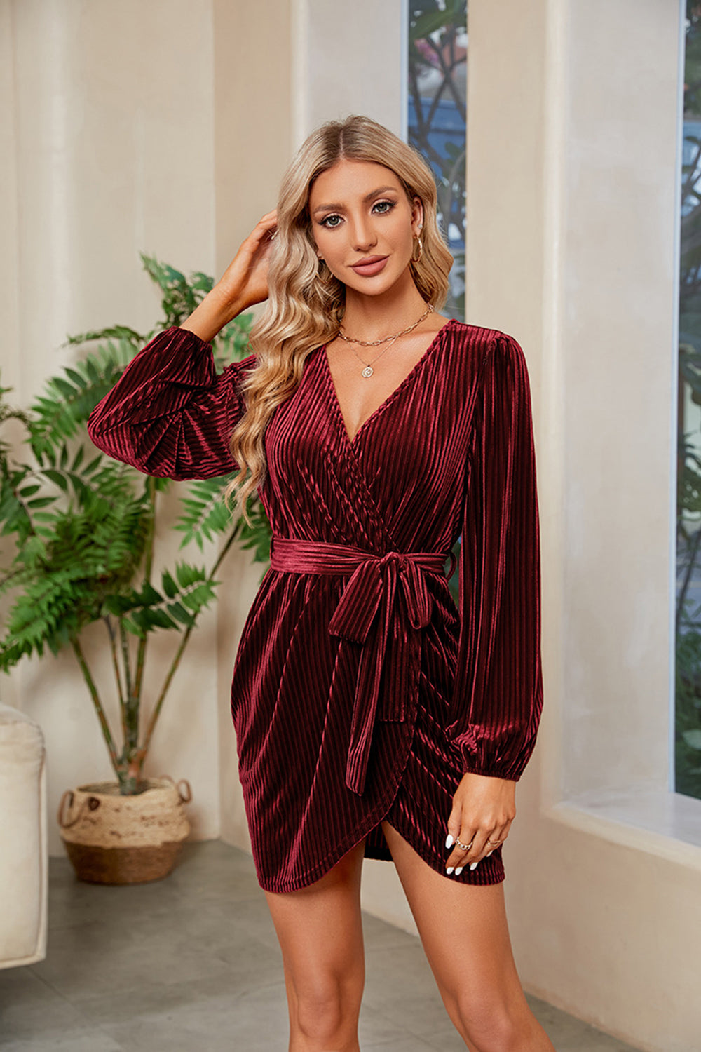 Ribbed Tie Front Mini Dress Wine 4ea1ca3e886d4a29a276252b5f06daef-Max Glownestbest