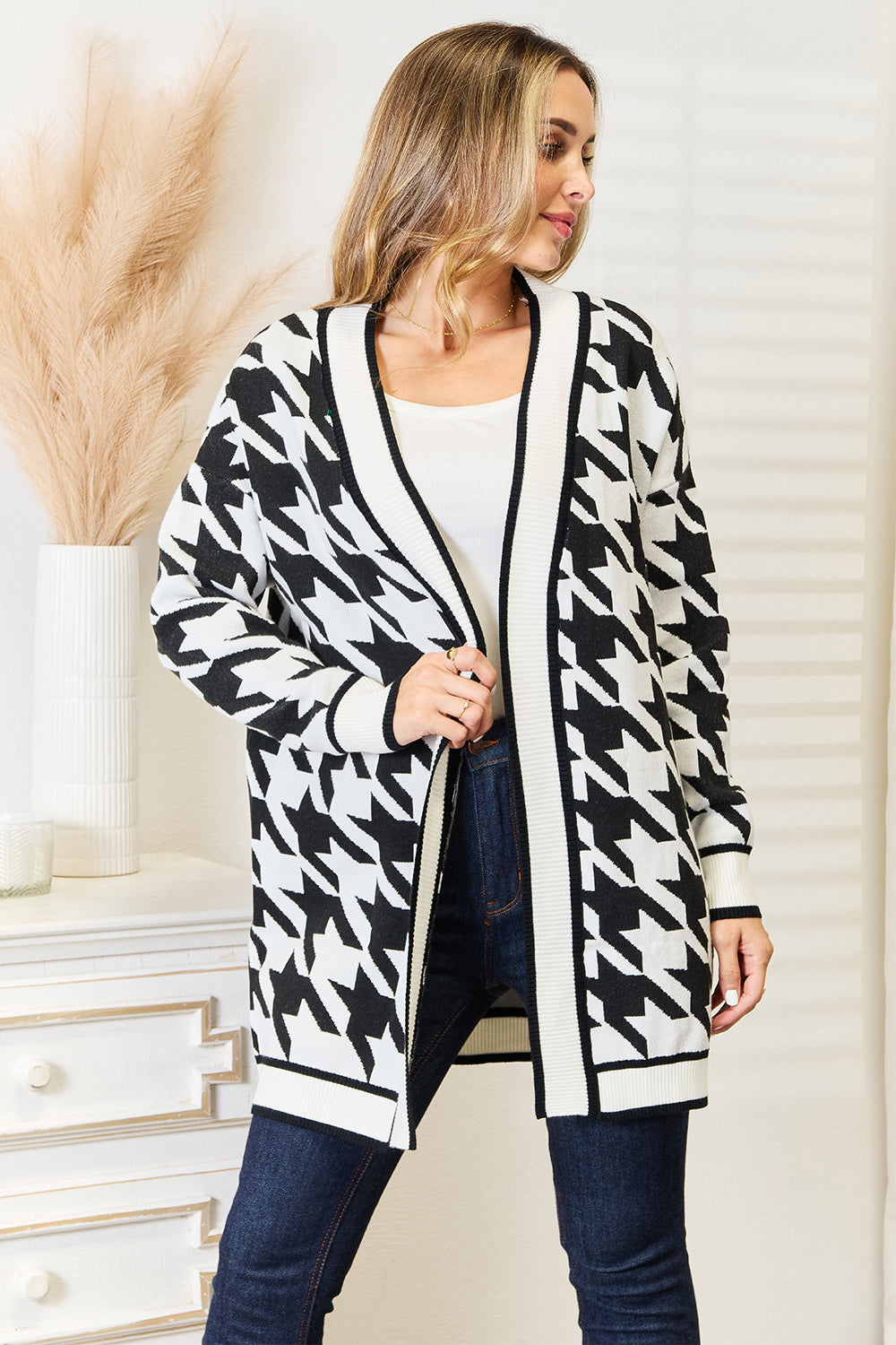 Mandy Woven Right Houndstooth Open Front Longline Cardigan Black 4eae436aaf70406eab9a8298341bb3ea-Max Glownestbest