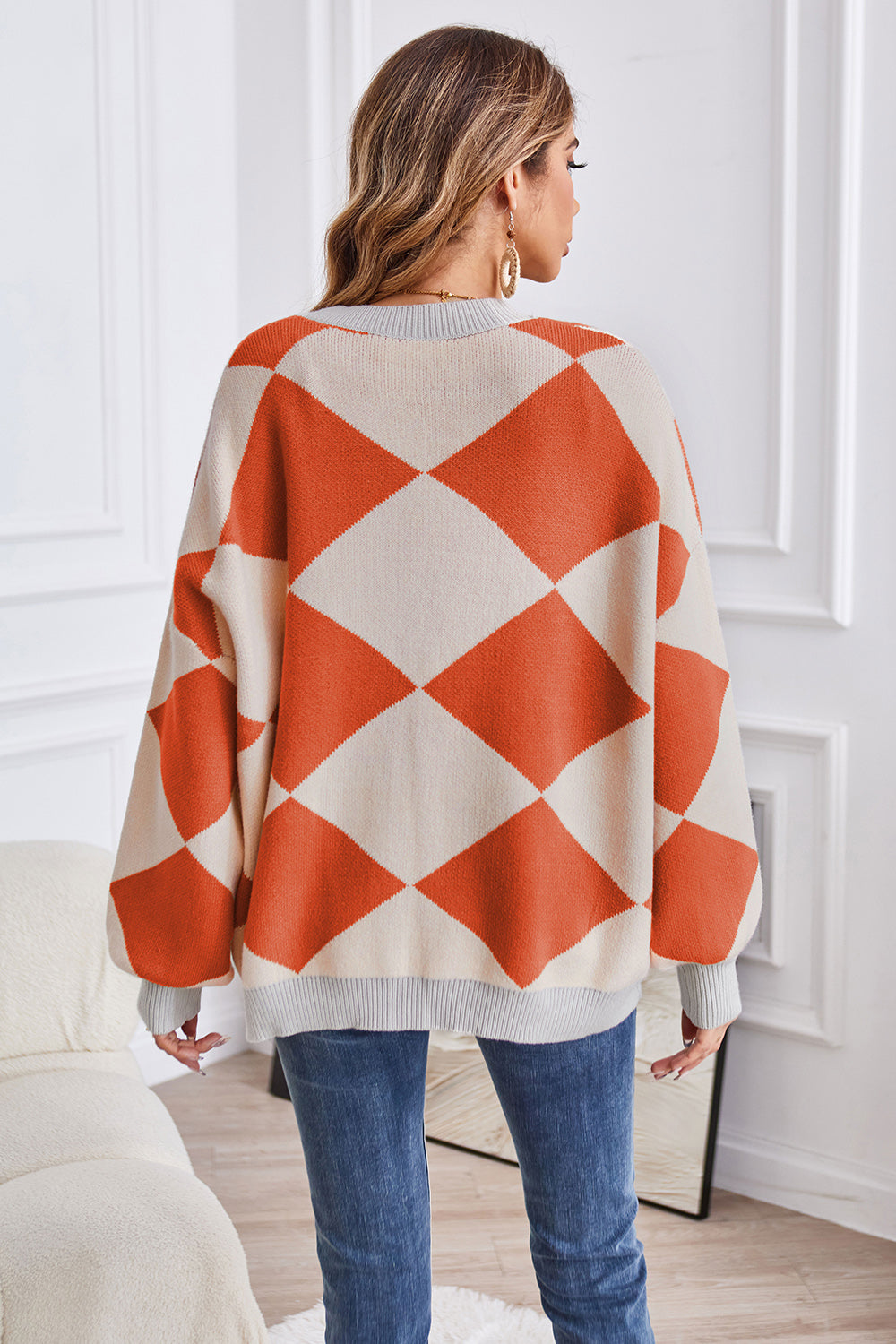Geometric Lantern Sleeve Cardigan with Pockets 4eb68a1744fc4448b0884209dedd74f0-Max Glownestbest