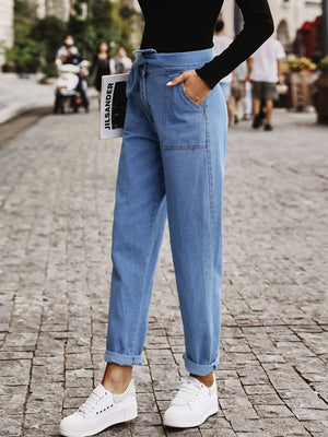 Tied Straight Jeans with Pockets 4ebc5c86-7e07-47cb-88bb-2c609243bd10-Max Trendsi