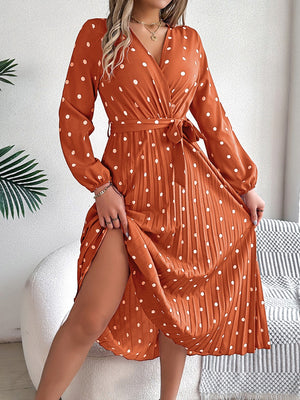 Tied Polka Dot Long Sleeve Midi Dress 4ec7c58d-028c-4d25-a896-85230f260397-Max Glownestbest