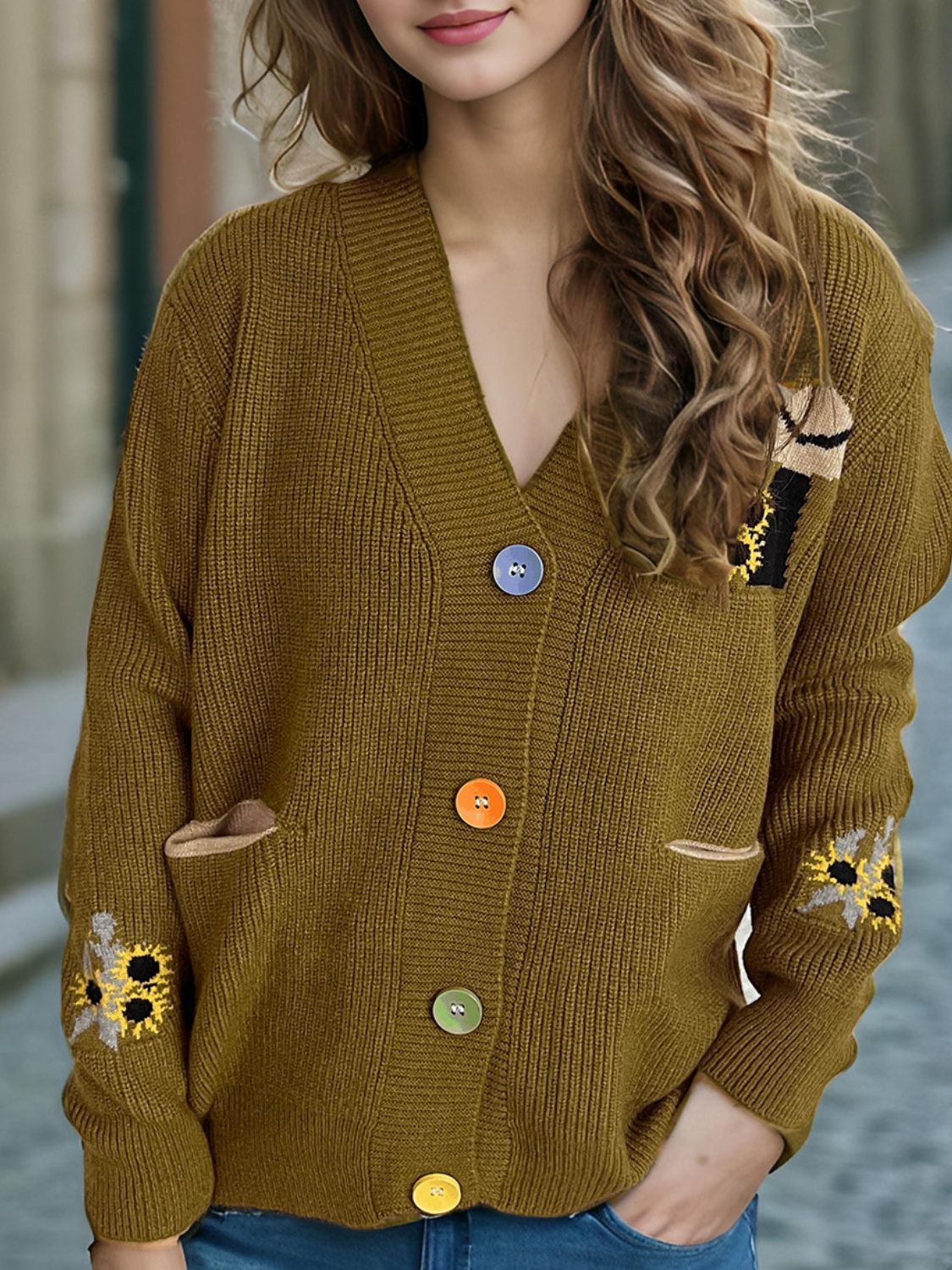 Contrast Button V-Neck Long Sleeve Cardigan Olive One Size 4ede0178-9f0a-4769-aca2-a2a15d57f661-Max Glownestbest