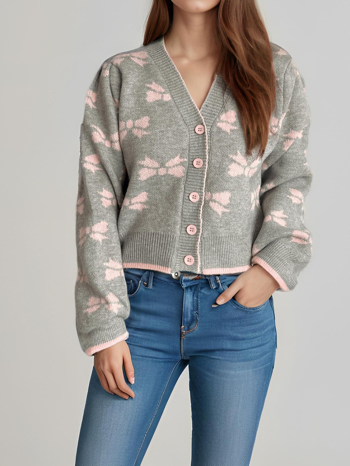 Bow V-Neck Button Down Long Sleeve Cardigan Gray One Size 4f7bb298-d40a-4b31-b5e8-2ed6212c7f59-Max Glownestbest