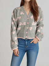 Bow V-Neck Button Down Long Sleeve Cardigan Gray One Size 4f7bb298-d40a-4b31-b5e8-2ed6212c7f59-Max Glownestbest