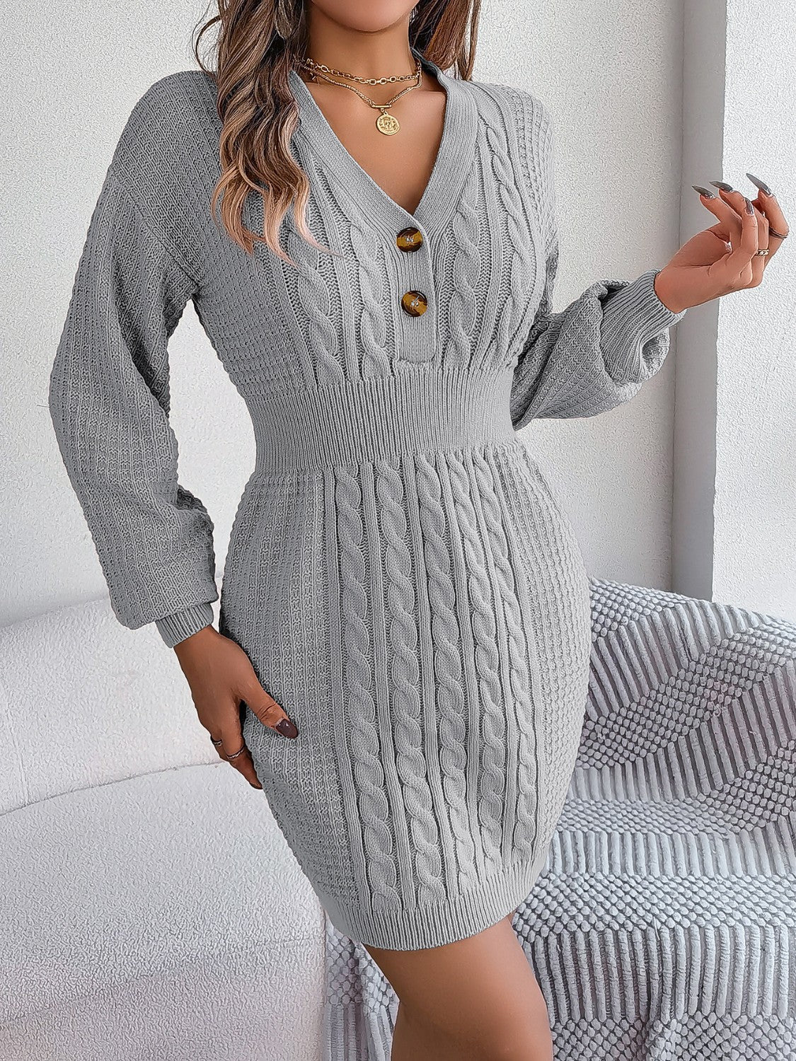 Buttoned Cable-Knit V-Neck Sweater Dress Charcoal 4f861e4a9d0f4d3e9e3d0ad1d6504065-Max Glownestbest