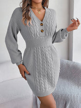 Buttoned Cable-Knit V-Neck Sweater Dress Charcoal 4f861e4a9d0f4d3e9e3d0ad1d6504065-Max Glownestbest