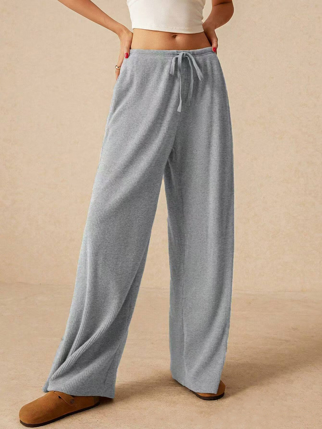 Ribbed Drawstring Wide Leg Pants 4fd9c19e-e99a-4d5f-aa75-2ef43d749c58-Max Trendsi