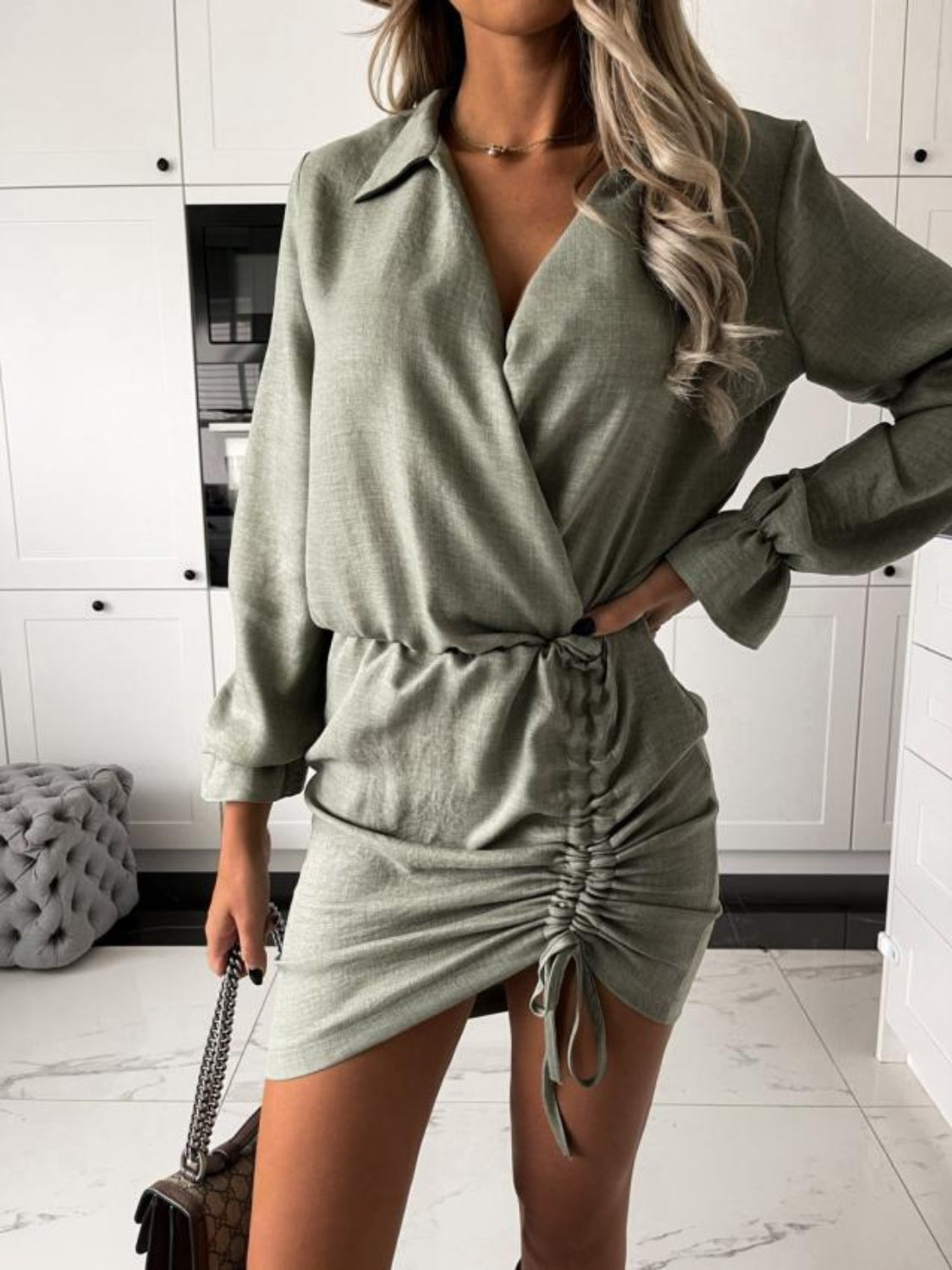 Drawstring Long Sleeve Mini Dress Sage 5022c4d5-3c82-4d98-848f-dbfd04314eda-Max Glownestbest
