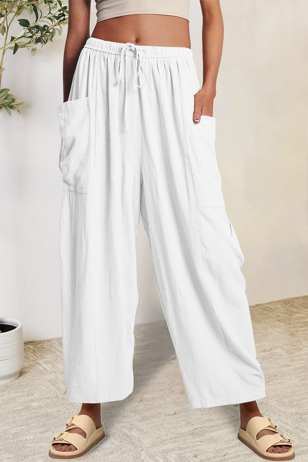 Full Size Pocketed Drawstring Wide Leg Pants White 50518965-745a-4f97-89b1-976ec154c31a-Max Trendsi