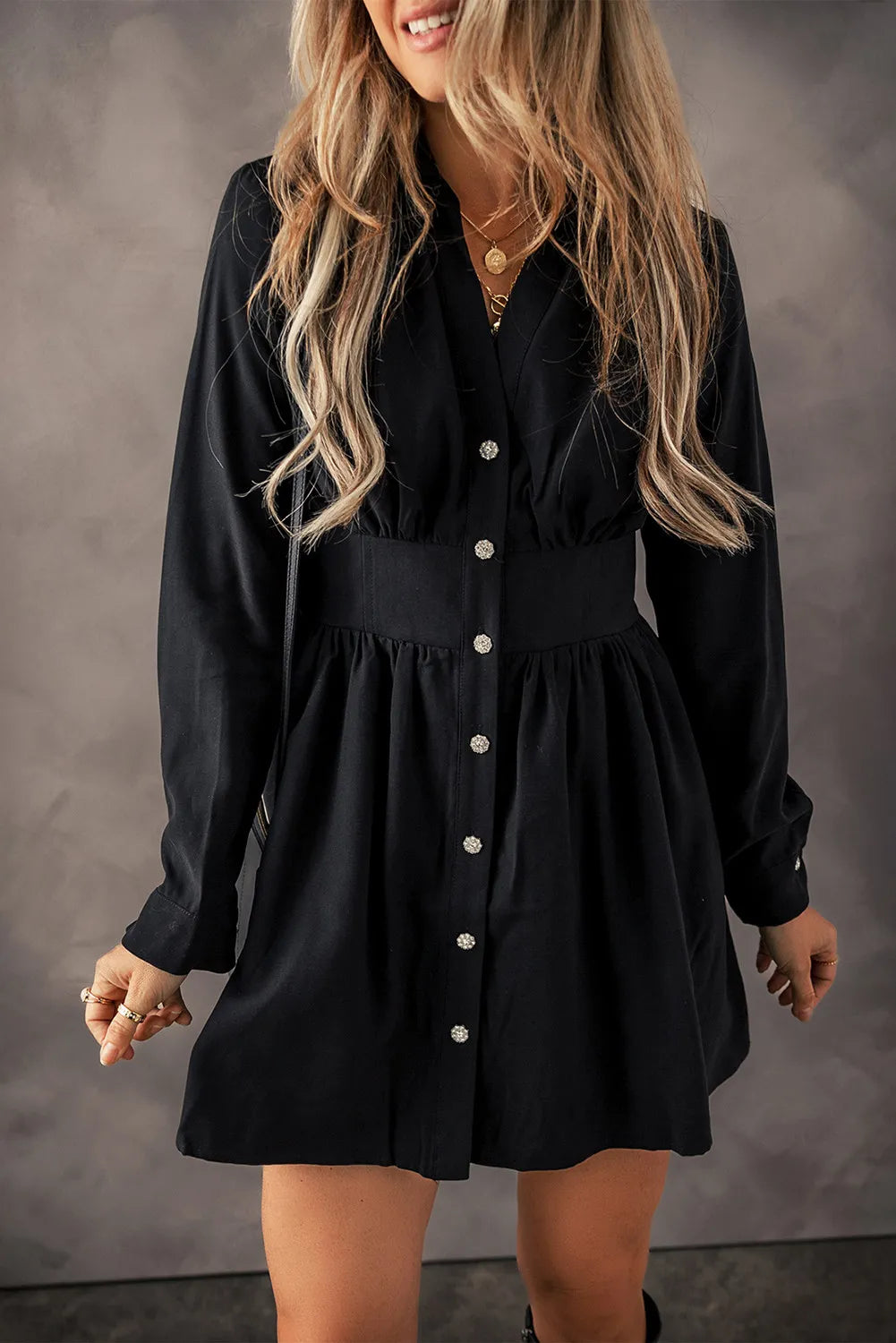 Ruched Button Up Long Sleeve Dress Black 51154e9c-bc93-48e1-a0fb-af36286f6522-Max Glownestbest