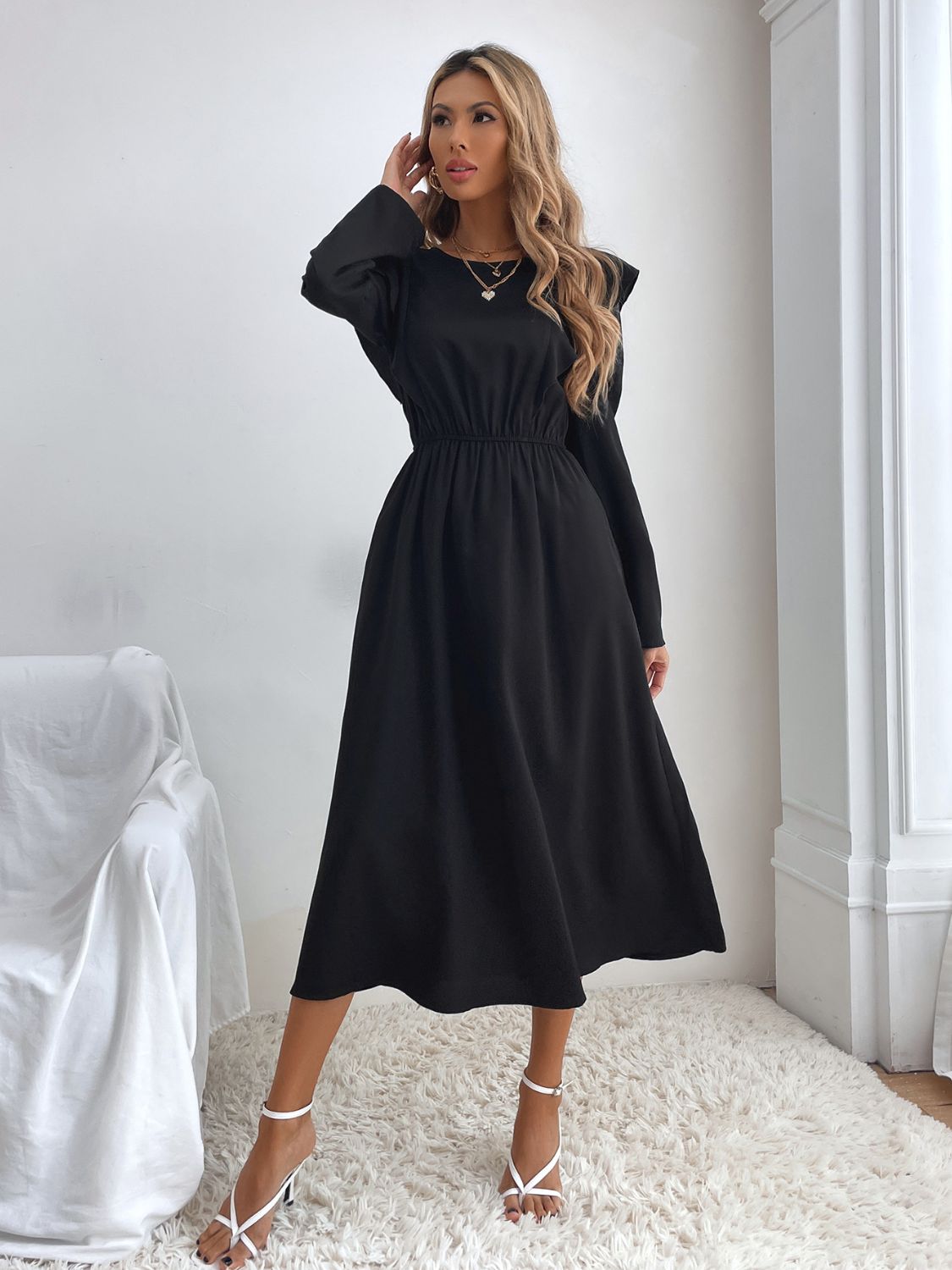 Ruched Ruffled Round Neck Long Sleeve Dress 512e6e9a-4073-4297-956b-9c1fdd421003-Max Glownestbest