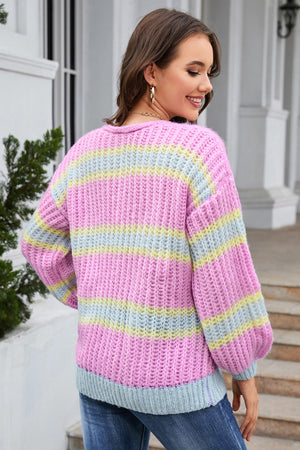 Striped Lantern Sleeve Dropped Shoulder Cardigan 5190c574-1df0-41db-966d-2ba144d4f714-Max Glownestbest