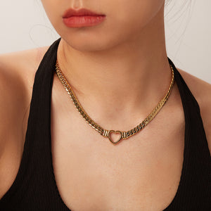 18K Gold Trendy Fashion Flat Snake Chain Hollow Heart Design Pendant Necklace 51d26e53-df90-4e0e-916b-460b3cd5e575 Artshiney