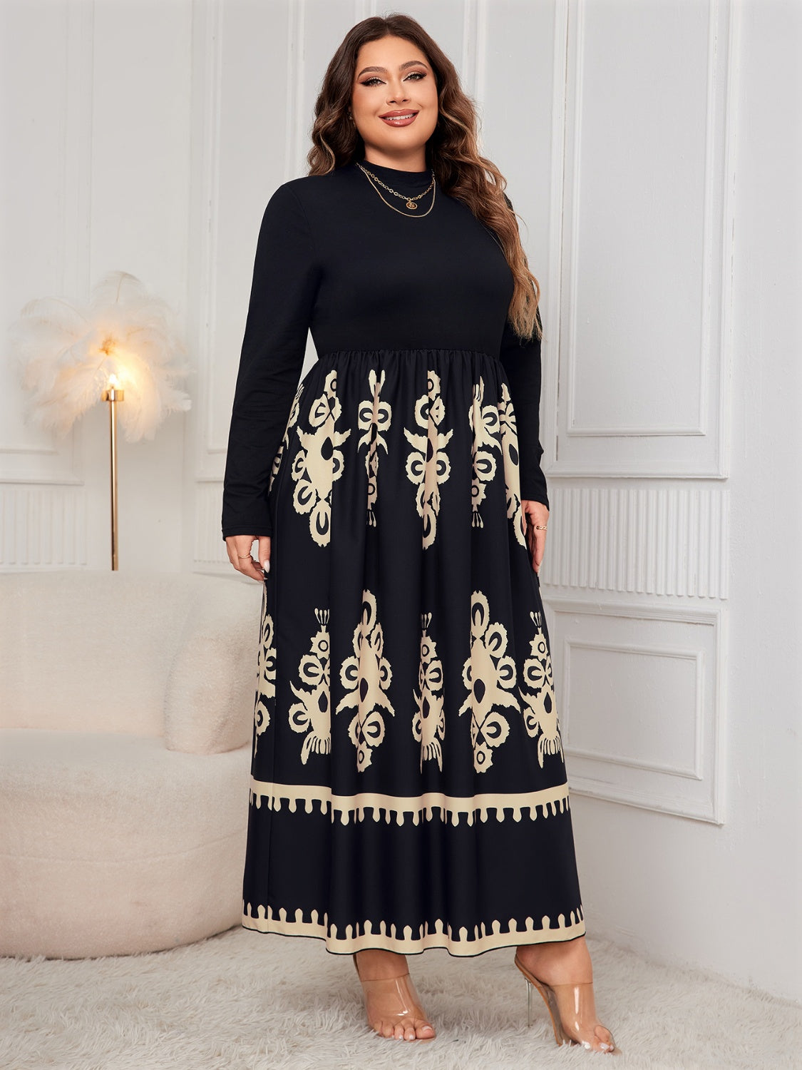 Honey Plus Size Printed Mock Neck Long Sleeve Dress 51d87499-055b-42e7-a10a-8324b9786b14-Max Glownestbest