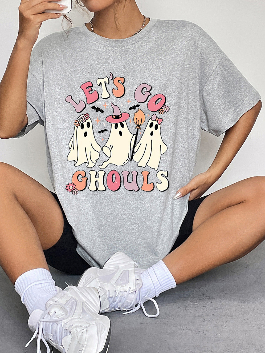 Glownestbest ® | Round Neck Short Sleeve LET'S GO GHOULS Graphic T-Shirt Cloudy Blue 51e595c8efdf40a989c9992af9811765-Max Glownestbest