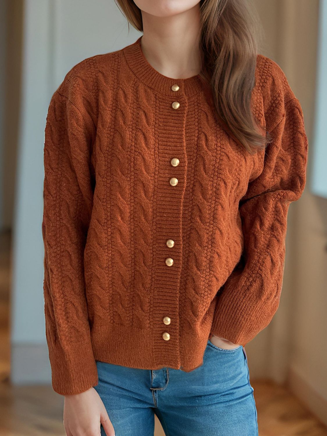 Cable-Knit Round Neck Long Sleeve Cardigan Caramel One Size 522d1e30-ae55-41fc-9a77-9d7a8b1d87f5-Max Glownestbest