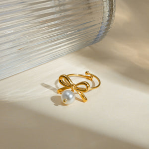 Stainless Steel Pearl Bow Ring 52cdebf7-65b4-48ab-b775-49a7675cbaae-Max Trendsi