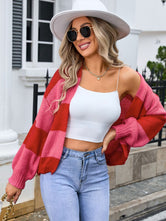 Glownestbest® | Striped Open Front Dropped Shoulder Cardigan Deep Red 531957a7-e9dc-426d-87bc-2b5b9f37a802-Max Glownestbest