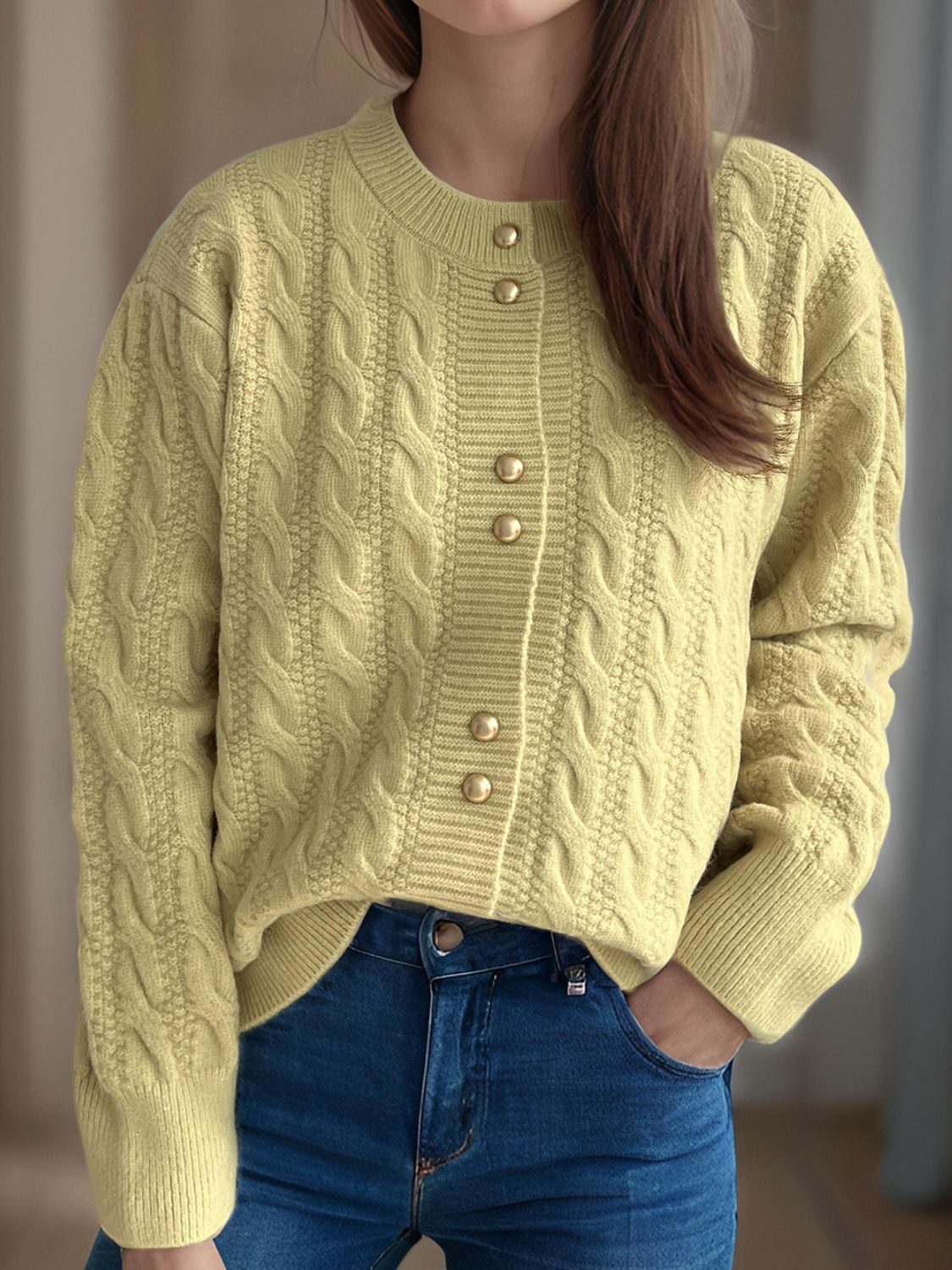 Cable-Knit Round Neck Long Sleeve Cardigan 532eeb5c-2a32-4351-b8c8-83a45eff46ec-Max Glownestbest