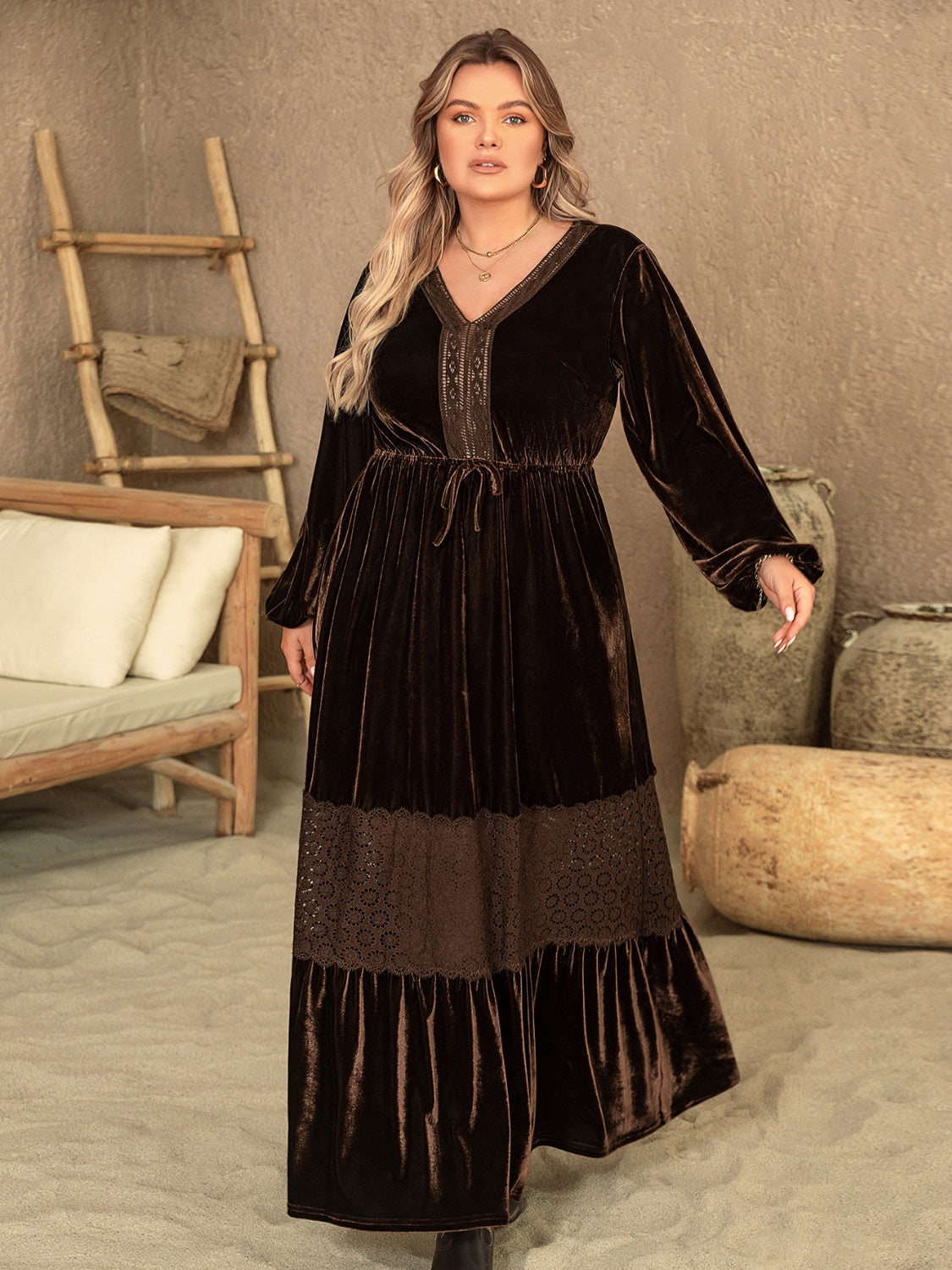 Plus Size V-Neck Balloon Sleeve Maxi Dress Chocolate 5355e1a1-6222-45fb-a62f-e04d73934915-Max Glownestbest
