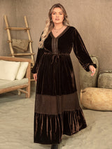 Plus Size V-Neck Balloon Sleeve Maxi Dress Chocolate 5355e1a1-6222-45fb-a62f-e04d73934915-Max Glownestbest