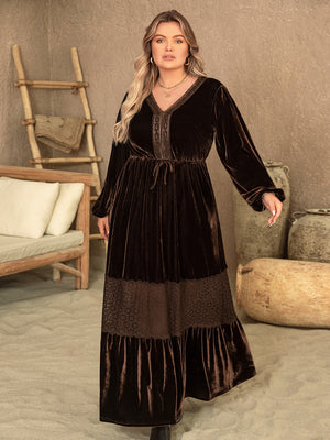 Plus Size V-Neck Balloon Sleeve Maxi Dress Chocolate 5355e1a1-6222-45fb-a62f-e04d73934915-Max Glownestbest