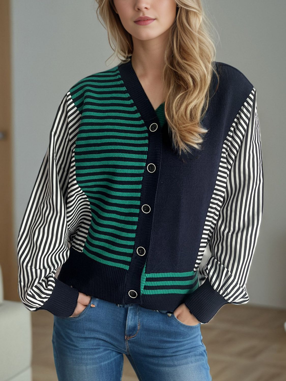 Striped Button Down Long Sleeve Cardigan Dark Green One Size 53882372-b705-42c4-8d6a-7013ed1094fd-Max Glownestbest