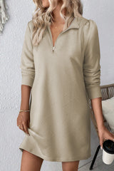 Double Take Textured Quarter Zip Long Sleeve Dress Khaki 53c7c8f2-8bad-4ecb-b84b-8d3c574b4a4b-Max Glownestbest