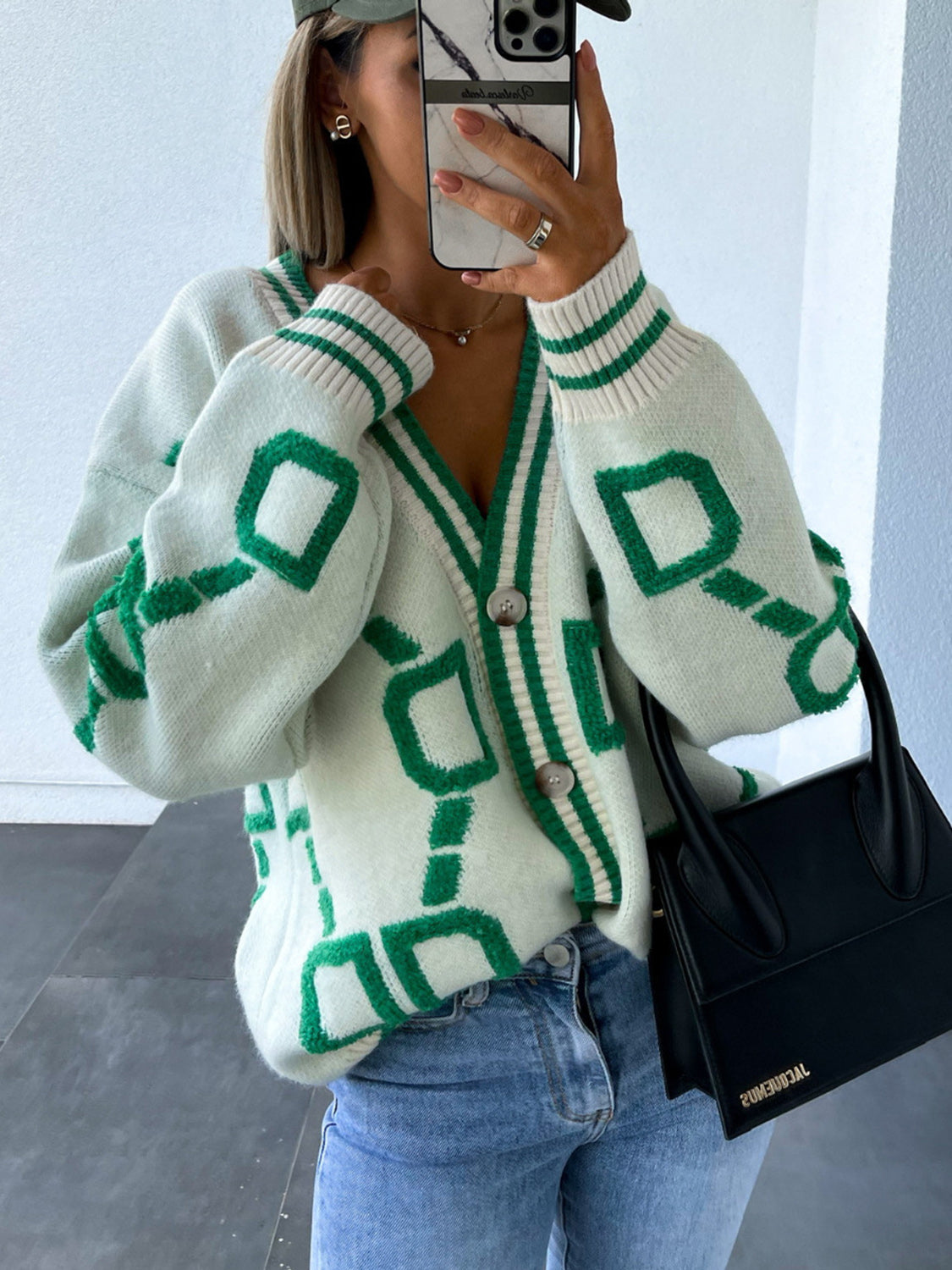 Geometric Dropped Shoulder Button Down Cardigan White 540ee673d60b4fc69d4219f354acec82-Max Glownestbest