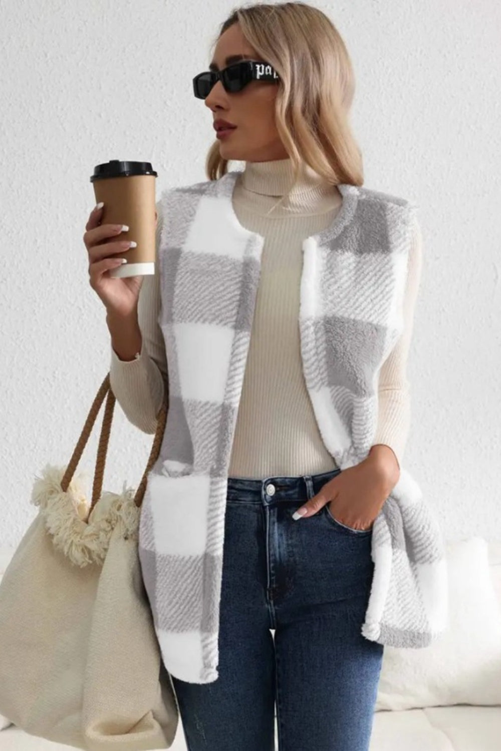 Glownestbest ® | Sherpa Plaid Open Front Vest Coat Light Gray 546e50fd-a390-42b8-8eff-d512b241e2db-Max Glownestbest