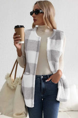Glownestbest ® | Sherpa Plaid Open Front Vest Coat Light Gray 546e50fd-a390-42b8-8eff-d512b241e2db-Max Glownestbest
