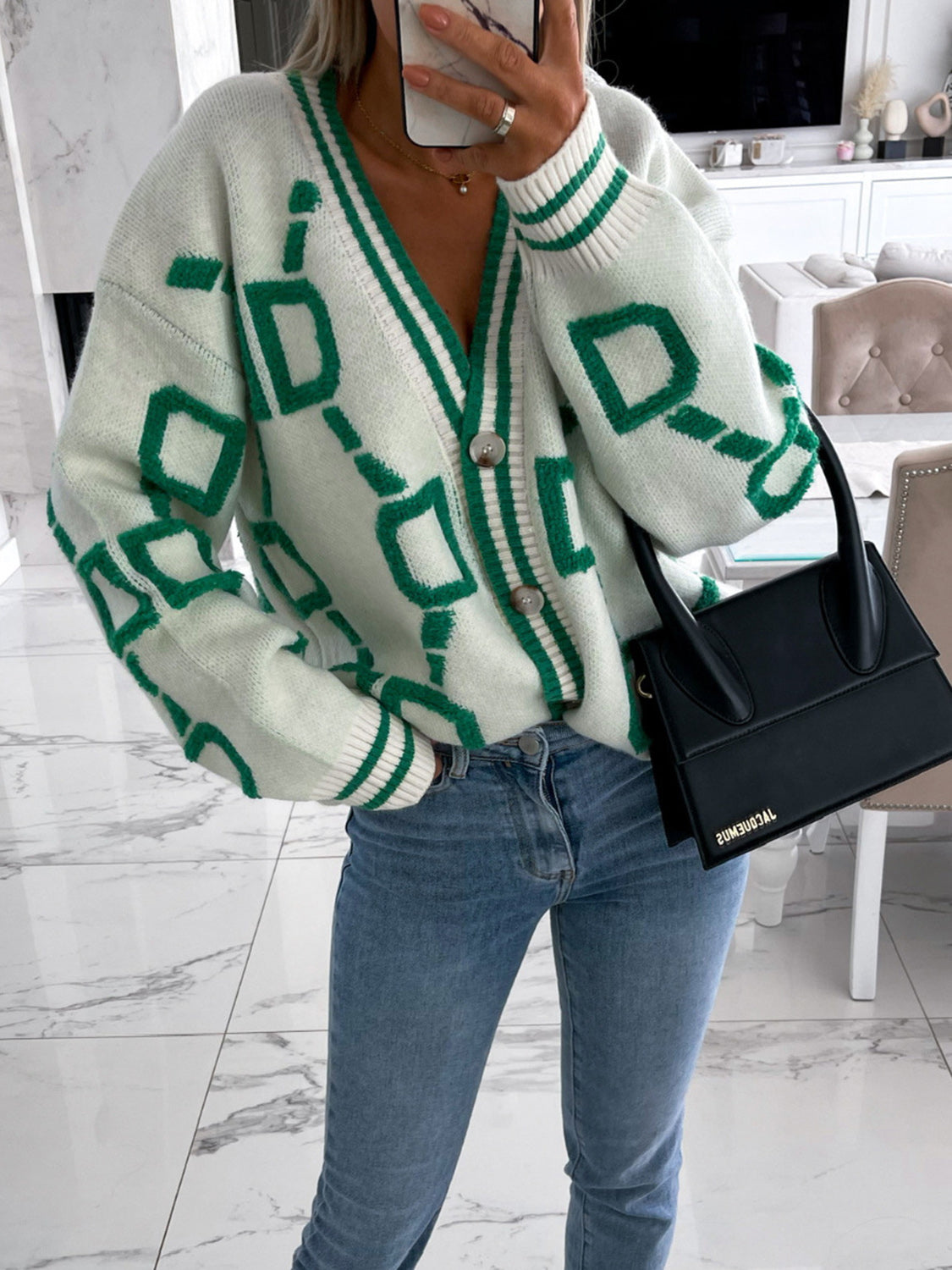 Geometric Dropped Shoulder Button Down Cardigan 54a3e58e353940e9869065488132ec1e-Max Glownestbest