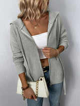 Zip-Up Drawstring Detail Hooded Cardigan Gray 54d7128c283440c6b38b49dd9f5bd386-Max Glownestbest